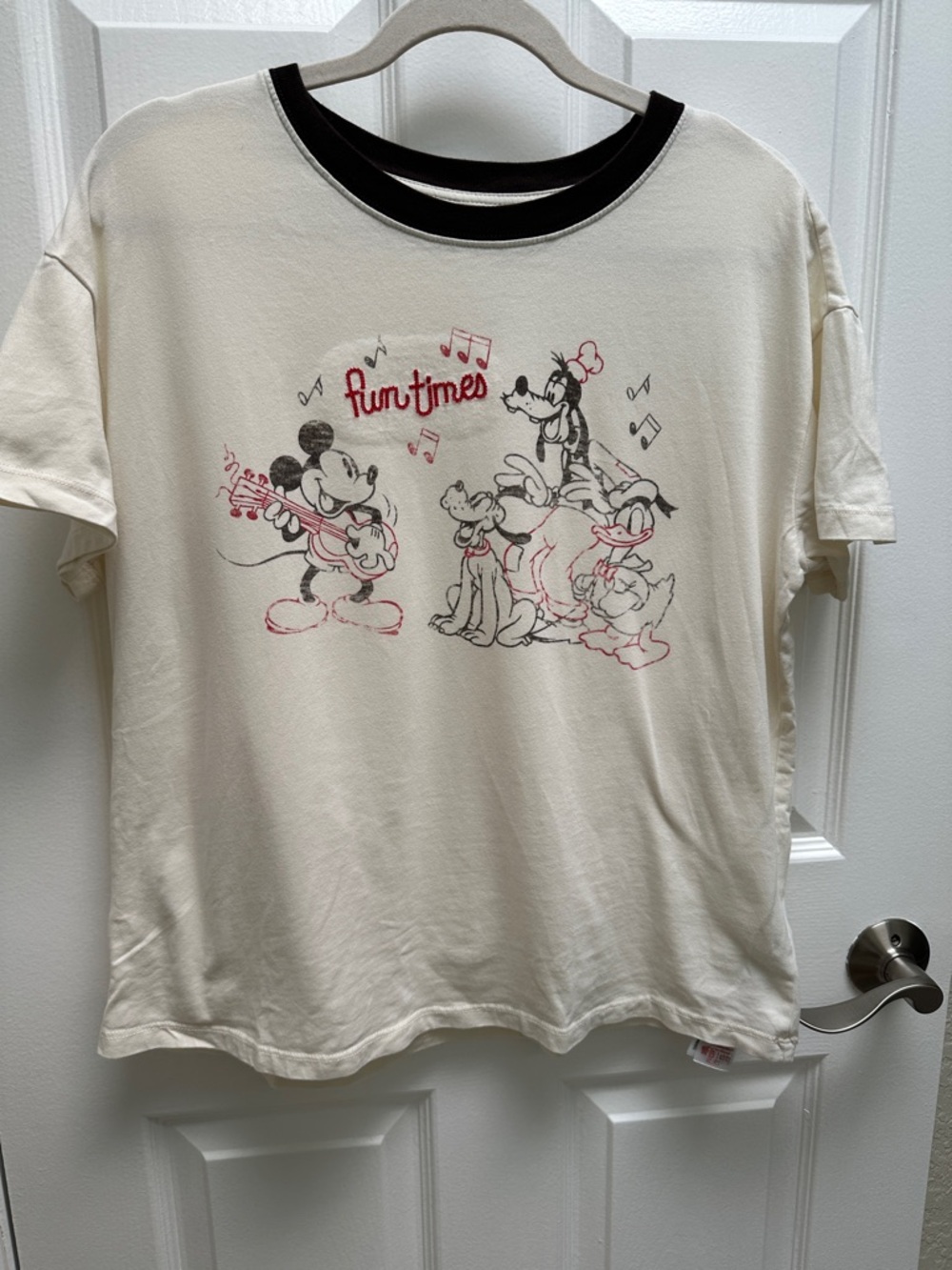 Disney Cream Short Sleeve Tee with Black Neckband and Retro Character Print